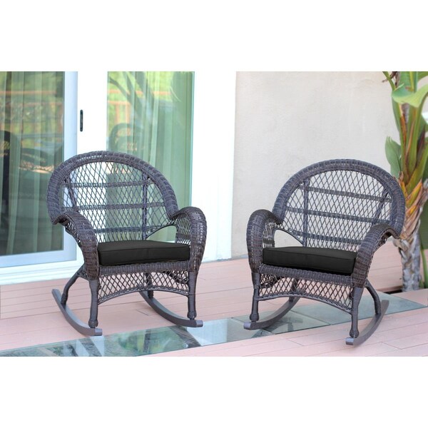Jeco W00208-R-2-FS017-CS Espresso Wicker Rocker Chair with Black Cushion, 2PK W00208-R_2-FS017-CS - main